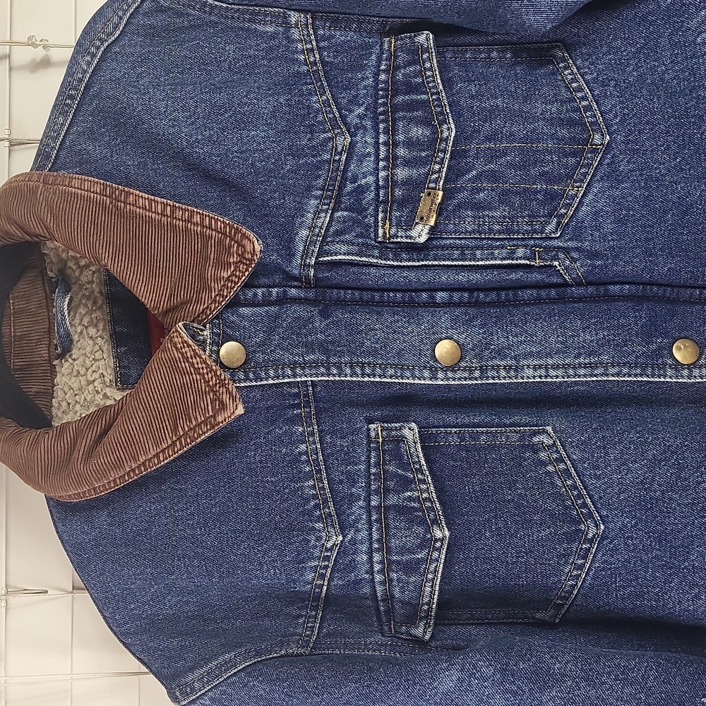 VINTAGE WRANGLER SHERPA LINEN DENIM JACKET WITH CORDUROY COLLAR MENS. Size M - Picture 2 of 11